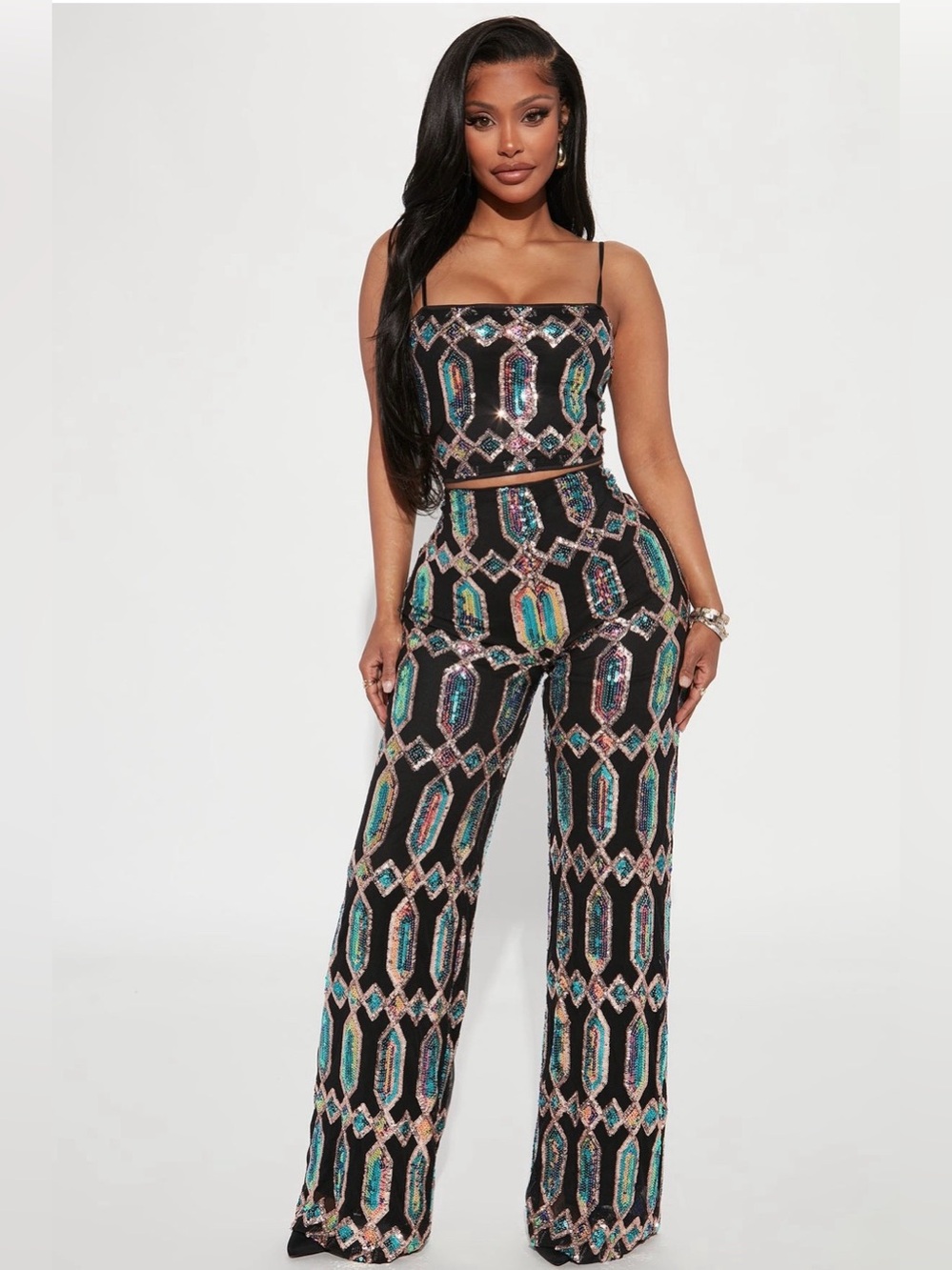 2-piece Sequin Wide Leg Pant Set - Black/Multi-color